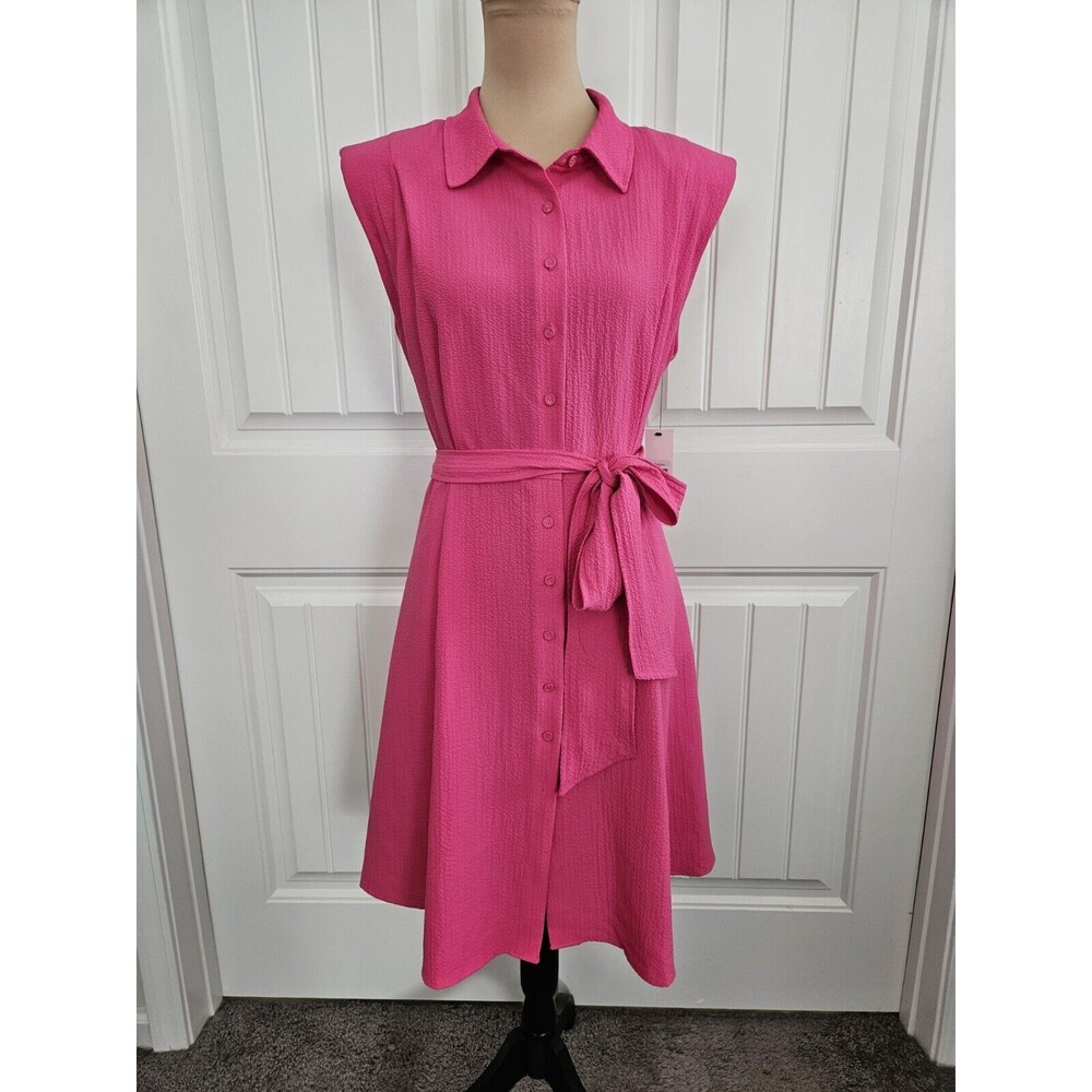 Calvin Klein Hibiscus Pink Crepe Textured Button Down Dress With Belt Size 14